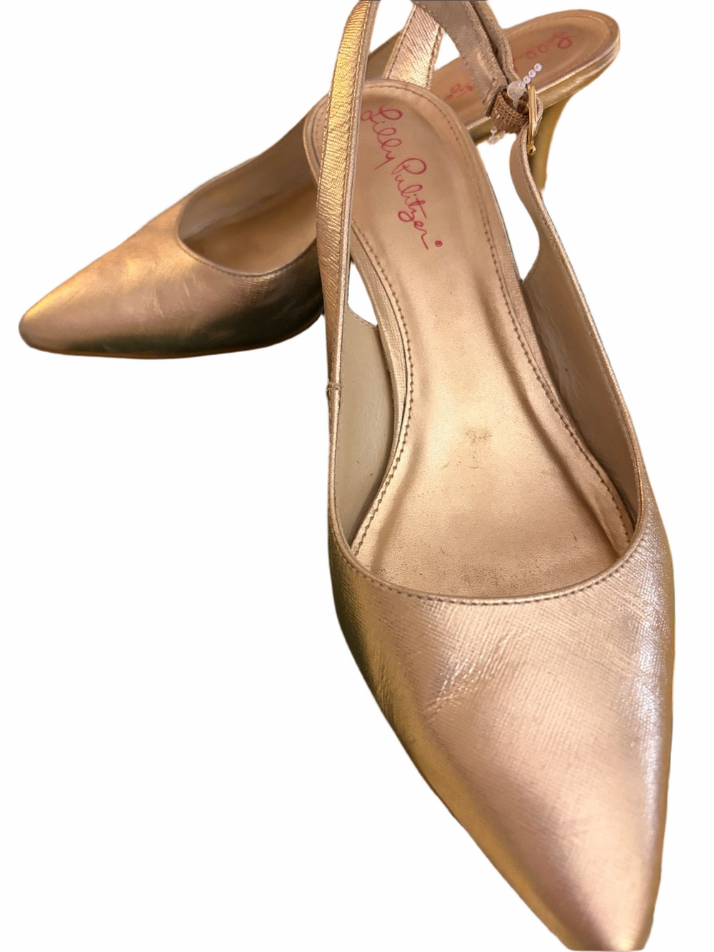 Lilly pulitzer Kat gold metallic adjustable kitten heel slingback pointed toe. 7